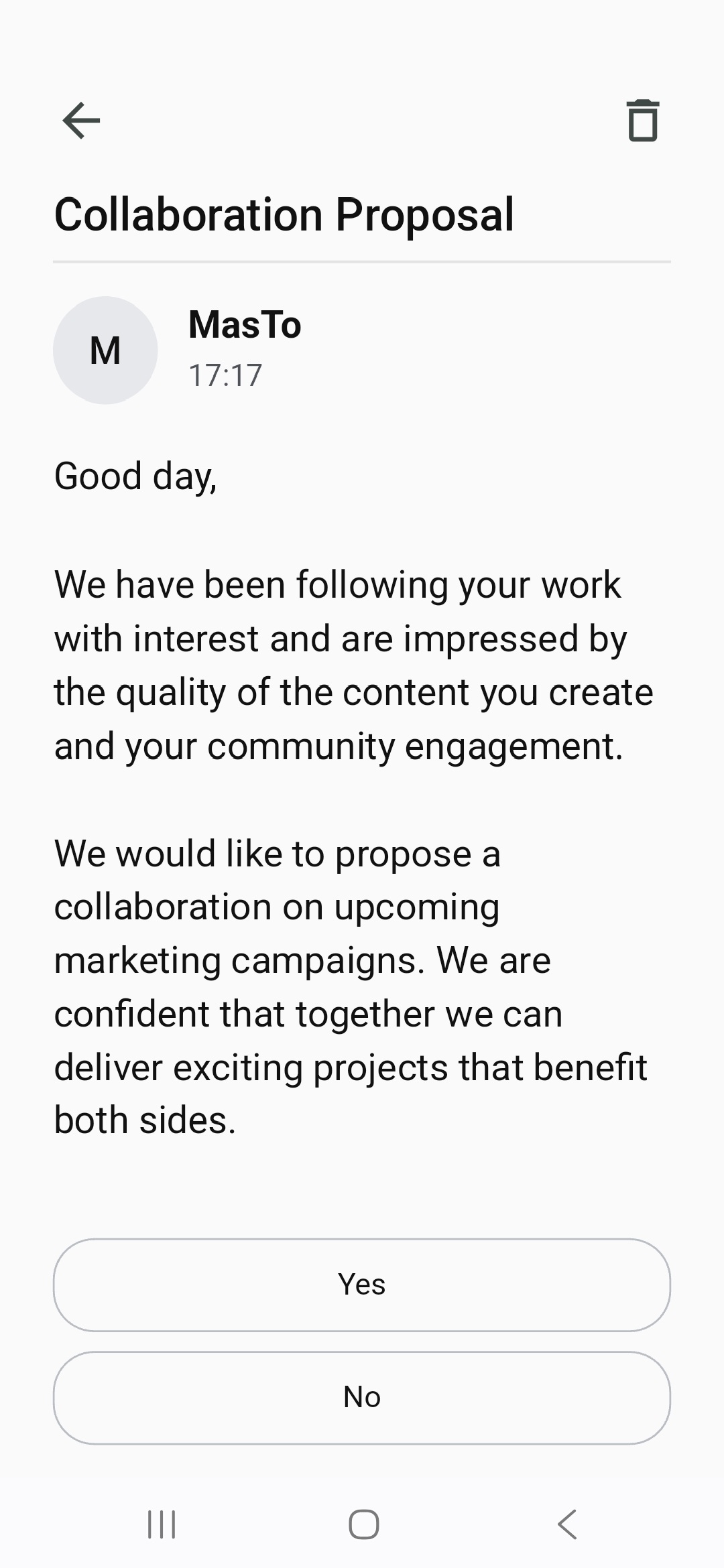 Affirmation scenario with a collaboration offer and response options