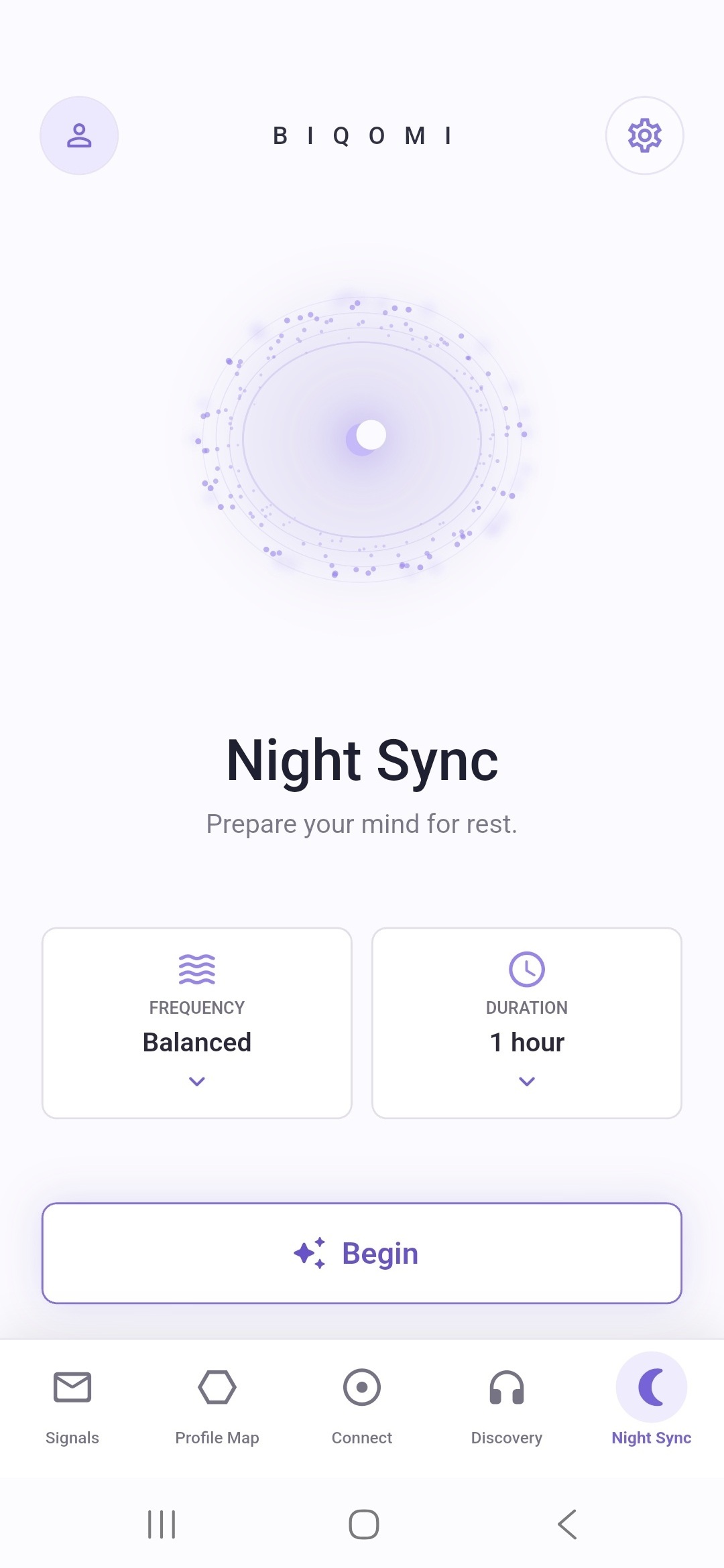 Night Sync screen with whisper frequency and session length settings